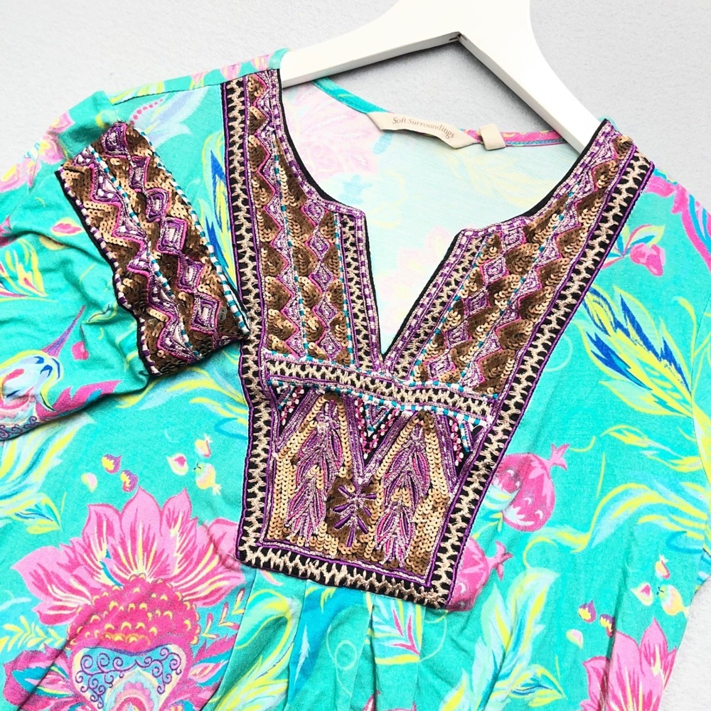 Soft Surroundings Womens Petite Small Teal Floral Sequin Embroidered Tunic Top